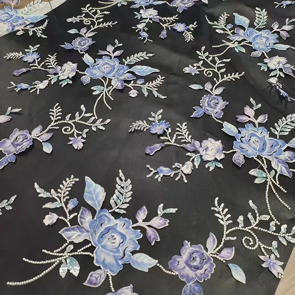 Apliques de flores bordados en 3D, tela de encaje bordado con cuentas y lentejuelas