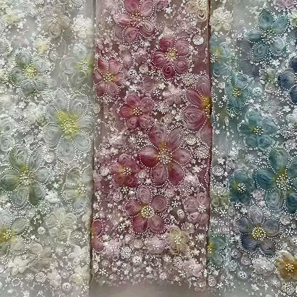 Tela de red bordada con flores de cinta 3d con lentejuelas y cuentas