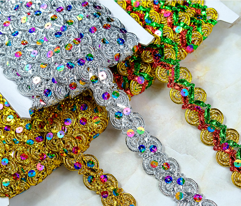 Accesorios de ropa Gold y plata bordera metálica Laces Sequinas metálicas de oro bordado Tatting Lace Nid