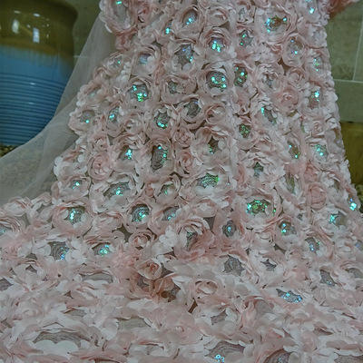 Tela de boda de rosa 3d flores alfombra suave vestido de pluma de pluma con lentejuelas
