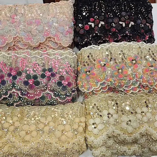 Cordón bordado multicolor con malla 3D, cinta de flores, tubo con cuentas, cordón bordado con código de barras