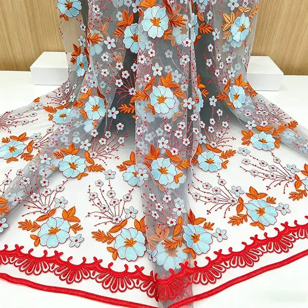 Tela de encaje de malla bordada multicolor vintage para vestidos