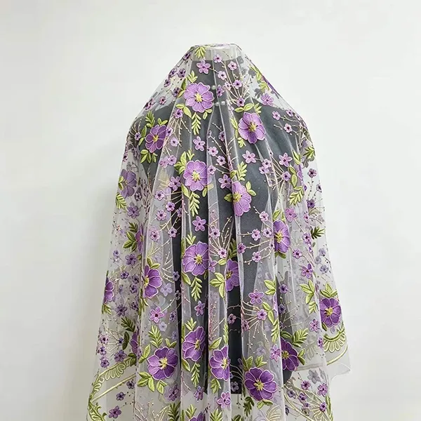 Tela de encaje de malla bordada multicolor vintage para vestidos