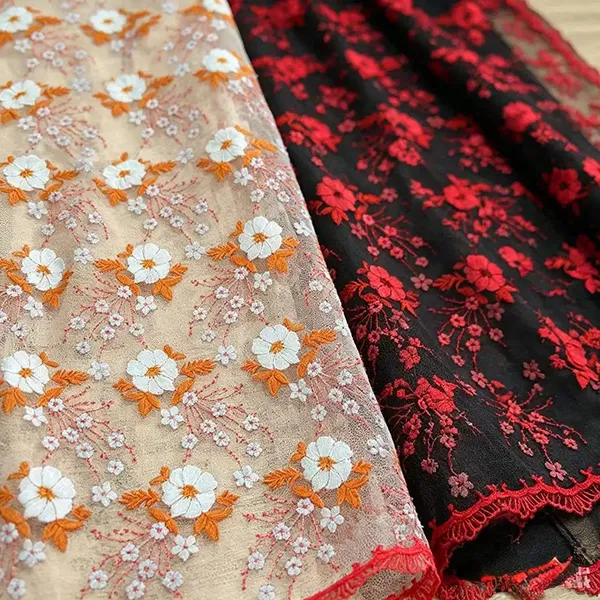 Tela de encaje de malla bordada multicolor vintage para vestidos